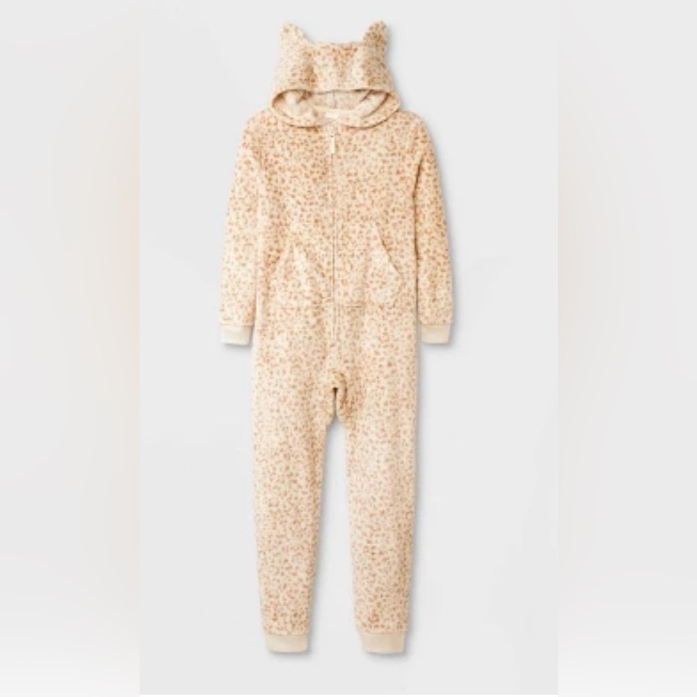 Kids' onesie Leopard fleece with hood & ears